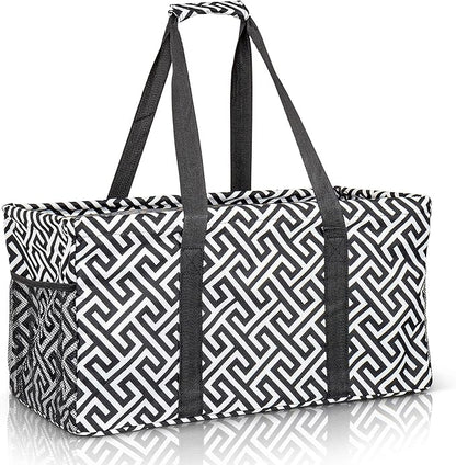 Extra Large Utility Tote Bag - Oversized Collapsible Reusable Wire Frame Rectangular Canvas Basket With Two Exterior Pockets For Beach, Pool, Laundry, Car Trunk, Storage - Geometrc Black