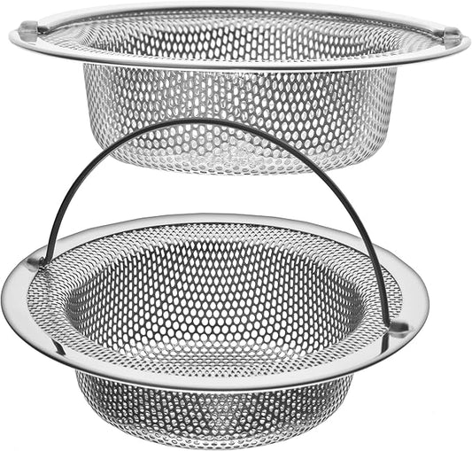 2 Pack - 4.5" Top / 3" Basket - Kitchen Sink Drain Strainer Stainless Steel Large Basket Food Catcher with Handle. Fast Flow and Effective 2/16" Holes
