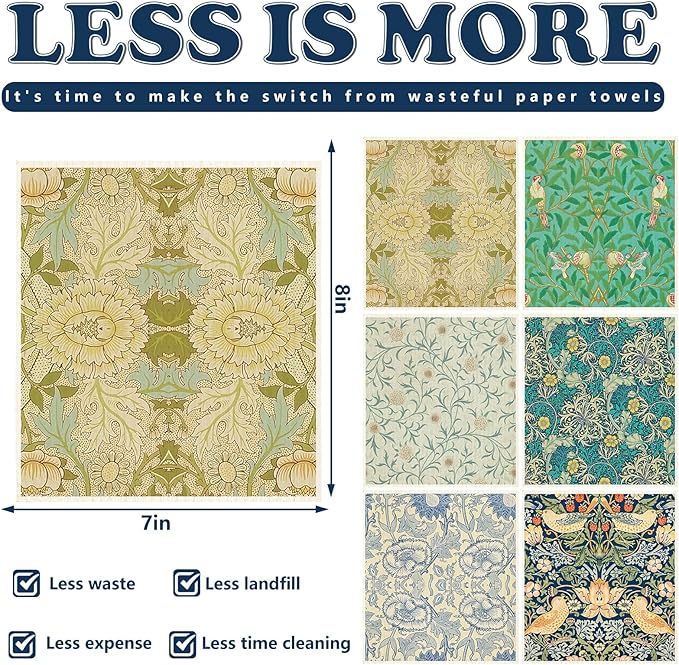 JarThenaAMCS 6 Pcs William Morris Swedish Kitchen Dishcloth Greenery Vines Flower Absorbent Cotton Kitchen Towels Reusable Dish Towels for Party Home Housewarming Cleaning Counter Wipes, 7 x 8 Inch