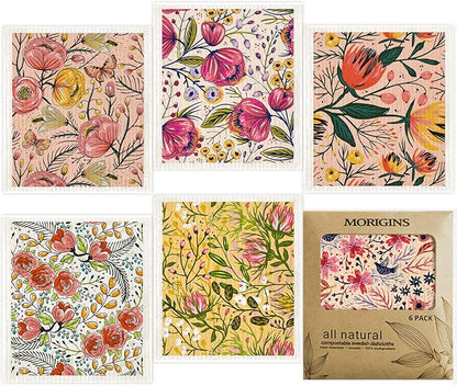 Swedish Dishcloths for Kitchen,6 Pack Swedish Dish Towels,Cellulose Sponge Cloths,Non Scratch Reusable Paper Towels, Biodegradable and Reusable Kitchen Dish Rags (Watercolor Floral)