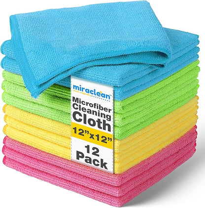 MIRACLEAN Microfiber Cleaning Cloth 12 Pack - 12 x 12 inches - Rags for Cleaning House Streak-Free Wipes for Screens, Dusting & Appliances - Premium Micro Fiber Cloth for Cleaning
