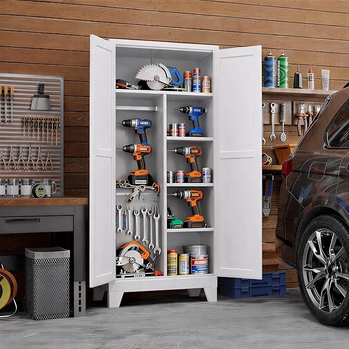 71" H Metal Garage Storage Cabinets,Broom Closet Storage Cabinet,Utility Cabinet,White Storage Cabinets