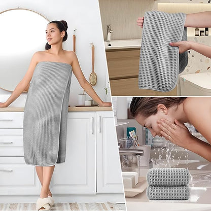 POLYTE 430 GSM Microfiber Quick Dry Lint Free Oversize Bath Towel Set, 6 Piece (Waffle Weave)