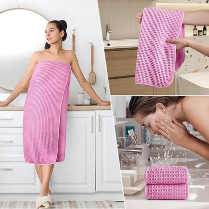POLYTE 430 GSM Microfiber Quick Dry Lint Free Oversize Bath Towel Set, 6 Piece (Waffle Weave)