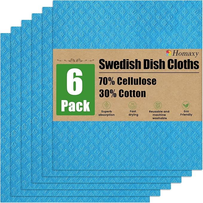Homaxy Swedish Dishcloths for Kitchen, 6 Pack Reusable and Washable Cellulose Sponge Cloths Dish Towels, Absorbent and No Odor Paper Towels for Dishes ＆ Counters, Blue
