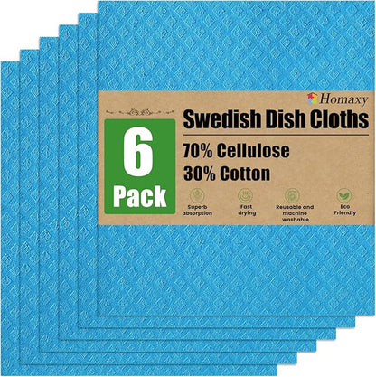 Homaxy Swedish Dishcloths for Kitchen, 6 Pack Reusable and Washable Cellulose Sponge Cloths Dish Towels, Absorbent and No Odor Paper Towels for Dishes ＆ Counters, Blue