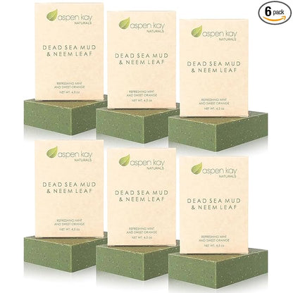 Aspen Kay Naturals Dead Sea Mud and Neem Soap - With Organic Shea Butter & Olive Oil. A Wonderful Neem Face Wash for all Skin Types. Handmade Soap - Made in USA. (6 pack)