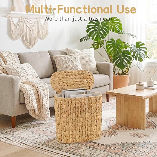 iEGrow 3 Gallon Wicker Trash Can, Bathroom Trash Can with Lid, Narrow Natural Water Hyacinth Waste Basket with Removable Liner, Boho Garbage Can for Bedroom, Office, Small Spaces Living Room, Toilet