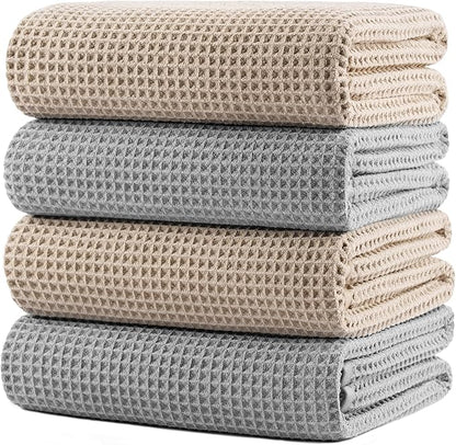 POLYTE 430 GSM Microfiber Oversize Quick Dry Lint Free Bath Towel, 60 x 30 in, 4 Pack (Waffle Weave)