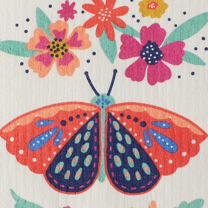 DII Swedish Dishcloths for Kitchen & Cleaning, Reusable, Machine Washable & Dishwasher Safe, Biodegradable, 7.75 x 6.75, Butterfly Folk, 3 Piece