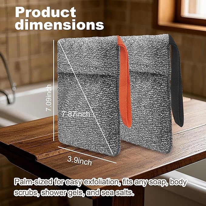 2 Pack Soap Bag Deep Exfoliating,Bar Soap Pouch Saver Pocket, Body Scrubber Shower Bath Sponge Loofah (Grey)