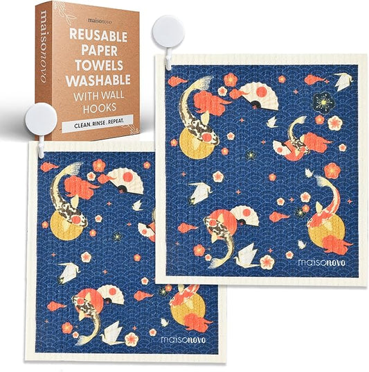 MAISONOVO Swedish Dishcloths for Kitchen | Reusable Paper Towels with Hook | Reusable Paper Towels Washable | Swedish Dishcloth Reusable Paper Towel | Kyoto Fish - Pack of 2