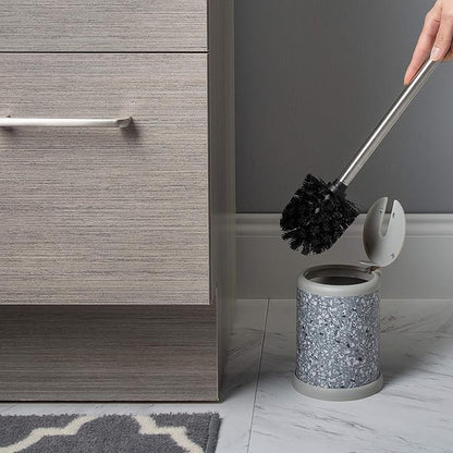 Bath Bliss Toilet Brush and Holder | Self Closing Lid | 360 Degree Brush Head | Bathroom Cleaning | Compact Size | Storage and Organization | Terrazzo grey with pink speckles