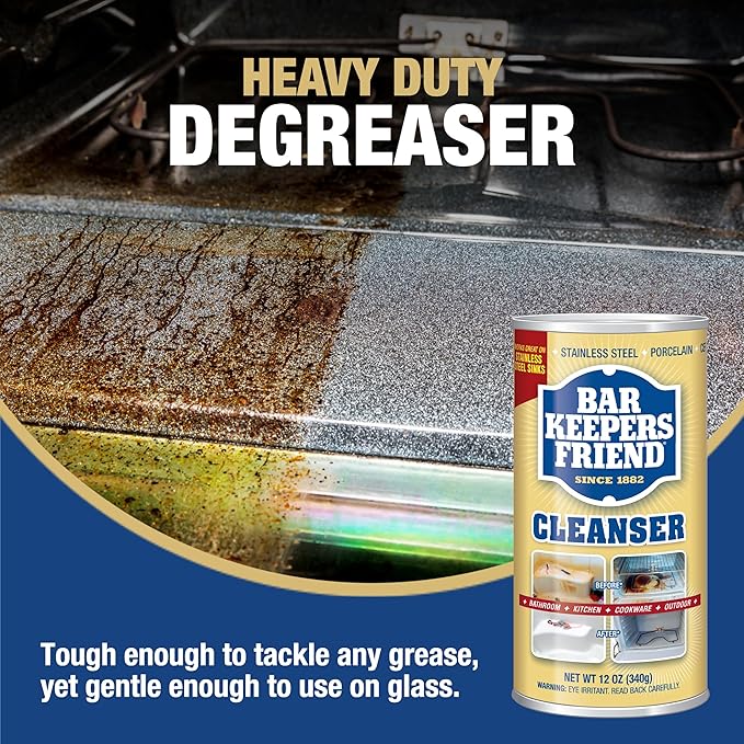 Bar Keepers Friend Powder Cleanser, 12 oz x 2, Multipurpose Cleaner, Degreaser & Remover for Burnt Stainless Steel Pots and Pans, Rust Stains, Hard Water Deposits & Soap Scum