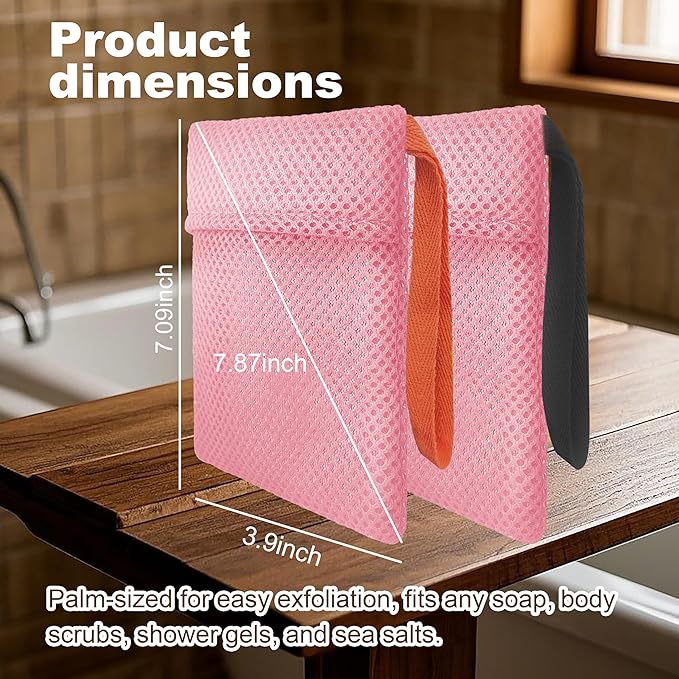2 Pack Soap Bag Gentle Exfoliating,Bar Soap Pouch Saver Pocket,Body Scrubber Shower Bath Sponge Loofah (Pink)
