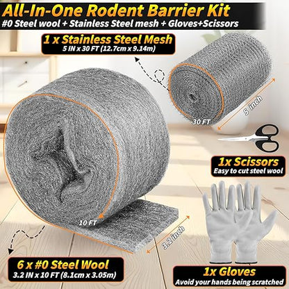 Steel Wool Mice Control, 6 Pack 3.2" x60 FT #0 Steel Wool & 1 Pack 5" x30 FT Wire Mesh, Medium Stainless Steel Wool Keep Mouse Away from Hole,Barrier and Gap Filler for Home Garden Kitchen Pipeline