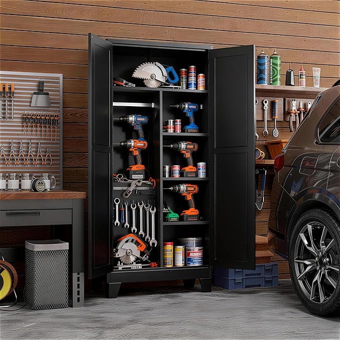 71" H Metal Garage Storage Cabinets,Broom Closet Storage Cabinet,Utility Cabinet,Black Storage Cabinets