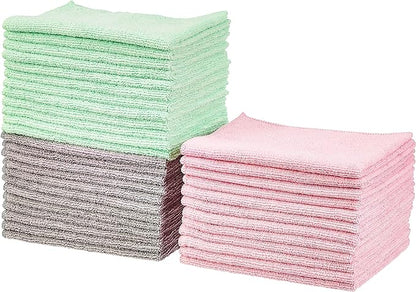 Amazon Basics Microfiber Cleaning Cloths, Ultra Absorbent, Scratch Free, Non-Abrasive, Reusable and Washable, All-Purpose, Car Detailing, 16" x 12", Green/Gray/Pink, 36-Pack