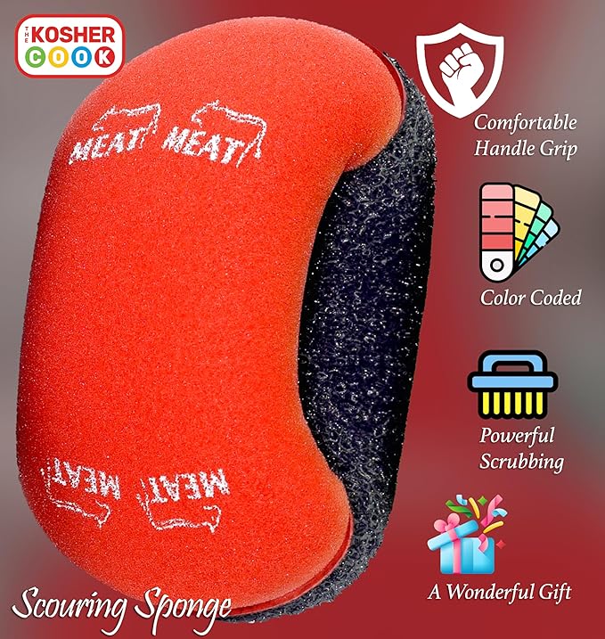 Meat Red Scouring Sponge - Easy Grip Handle Scour Pad with Steel Wool - Color Coded Kitchen Tools by The Kosher Cook