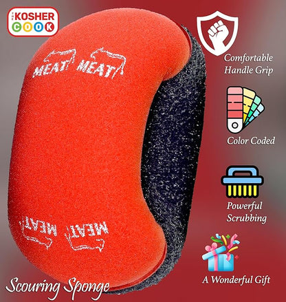 Meat Red Scouring Sponge - Easy Grip Handle Scour Pad with Steel Wool - Color Coded Kitchen Tools by The Kosher Cook