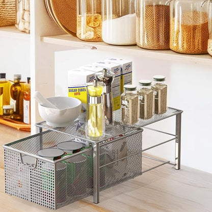 Deco Brothers Stackable Pull Out Cabinet Sliding Basket with Dividers, Large, Silver