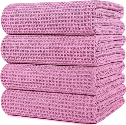POLYTE 430 GSM Microfiber Oversize Quick Dry Lint Free Bath Towel, 60 x 30 in, 4 Pack (Waffle Weave)