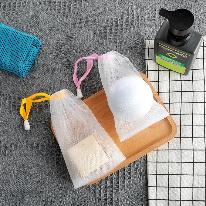 6PCS Assorted Colors Soap Bags for Soap Bars, Handmade Bubble Mesh Soaps Bag Exfoliating Saver Pouch Net Shampoo Bar Bag Soaps Sleeves with Drawstring Body Facial Cleaning Tool for Bath & Shower (6)