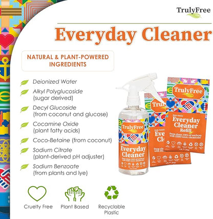 Truly Free Everyday Cleaner Kit - Multipurpose Cleaner Spray, Kitchen Counter Cleaner, Natural Cleaning Products, Multi-Surface Household Solution, 16 oz Reusable Empty Bottle + Two Fills, 3 oz ea.