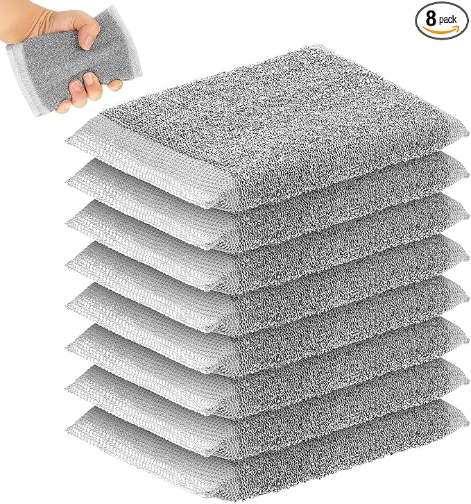 Thyle 8 Pack Kitchen Steel Scrubbing Sponges, Heavy Duty Non Scratch Metal Scrub Pads, Reusable Cleaning Sponges for Dishes, Pots, Pans, Sink and Tough Hard Stains (Gray)