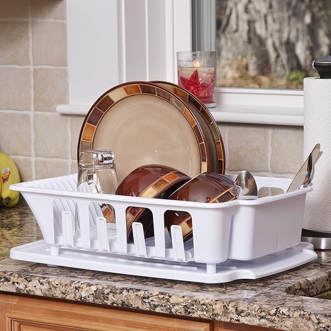 Sterilite Large 2 Piece Sink Set, with Drainboard for Drying, Holds Clean Dishes in the Kitchen such as Plates, Cups, and Silverware, White, 6-Pack