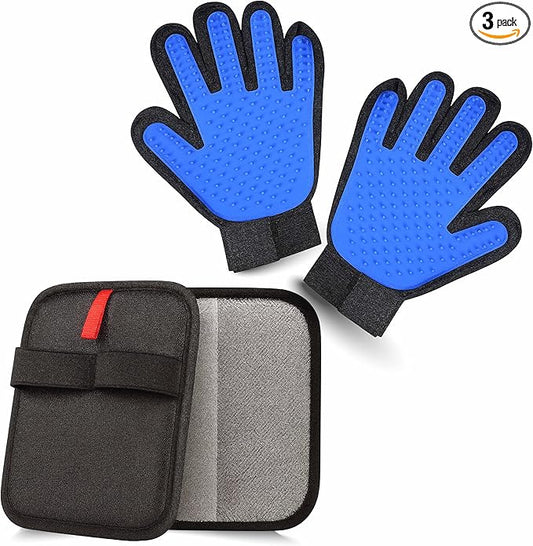 3-PCS Pet Grooming Set – 255-Tip Deshedding Gloves for Dogs & Cats, Gentle Massage Mitt & Hair Remover Brush (Left & Right Hand) + Electrostatic Pet Hair Remover Glove for Furniture & Clothes