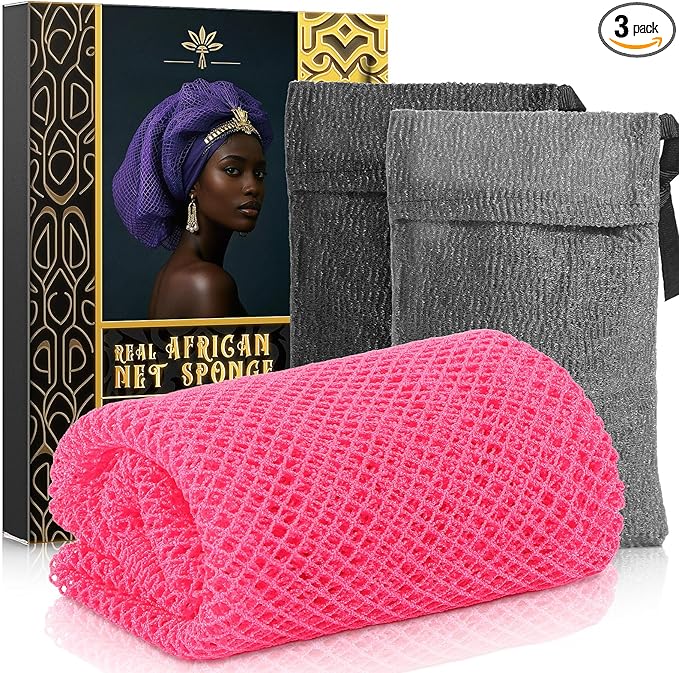 African Net Sponge with 2 Soap Saver Bags - Exfoliating Body Scrubber Set for Shower, Reusable Bar Soap Pouch & Bath Washcloth for Deep Cleaning - Rose Red & Black, Gray