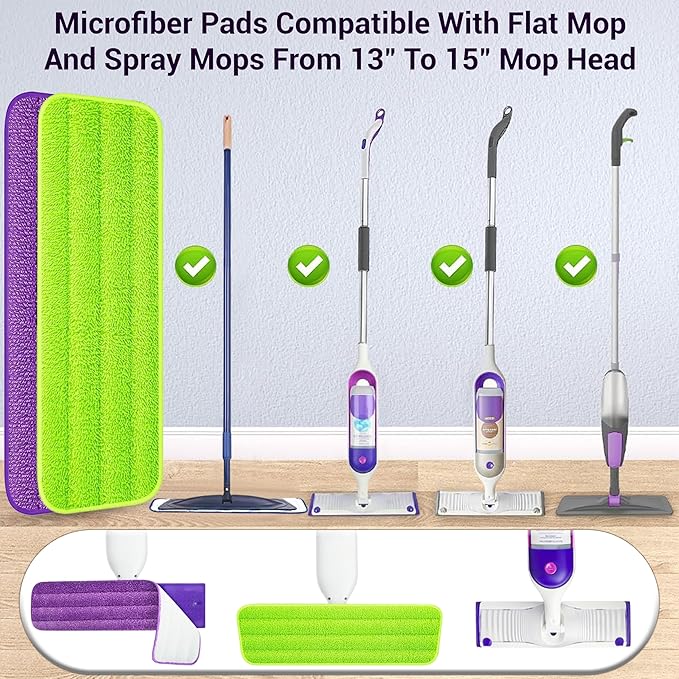 ARSUK Reusable Mop Pads Compatible with Swiffer PowerMop – Washable Velcro Replacement Microfiber Refills for 13''–16'' Spray Mop, Multi-Surface Cleaning Pads (3 Purple + 3 Green)