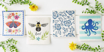 DII Swedish Dishcloths for Kitchen & Cleaning, Reusable, Machine Washable & Dishwasher Safe, Biodegradable, 7.75 x 6.75, Butterfly Folk, 3 Piece