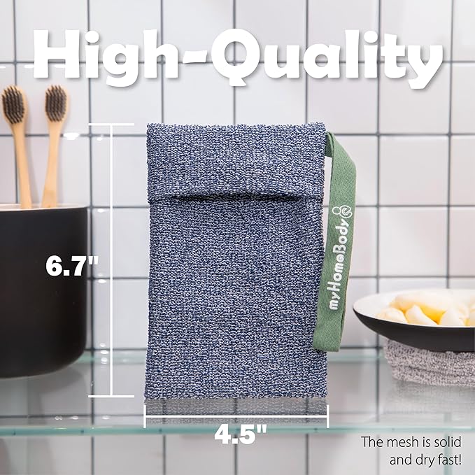 myHomeBody Soap Pocket Exfoliating Pouch, Body Scrubber Sponge, Exfoliator for Bath, Shower or Leftover Bits Saver, Dark Blue, Light Blue - 2 Pack