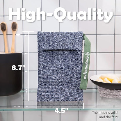 myHomeBody Soap Pocket Exfoliating Pouch, Body Scrubber Sponge, Exfoliator for Bath, Shower or Leftover Bits Saver, Dark Blue, Light Blue - 2 Pack
