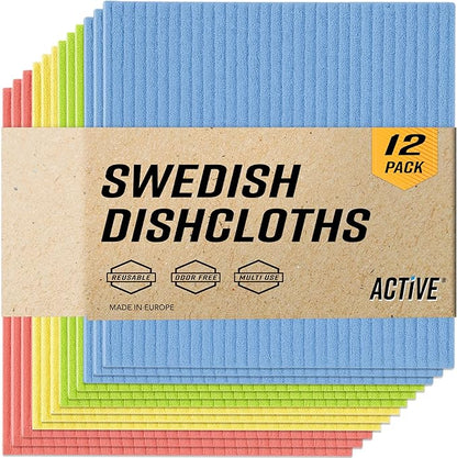 ACTIVE Swedish Dish Cloths for Kitchen 12 Pack Cellulose Sponge Cloth, Washable Dishcloths for Washing Dishes, Original European Dish Towels, Absorbent Reusable Paper Towels - Multicolor Assorted