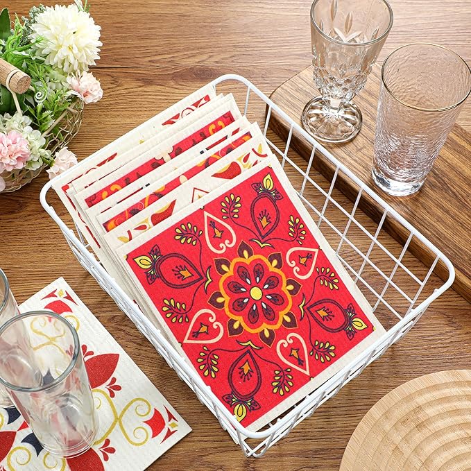 WILLBOND 9 Pack Swedish Kitchen Dishcloths Reusable Absorbent Hand Towels Sponge Cloth for Baking Cooking Home Decoration Kitchen Holiday Red Christmas Xmas Gift