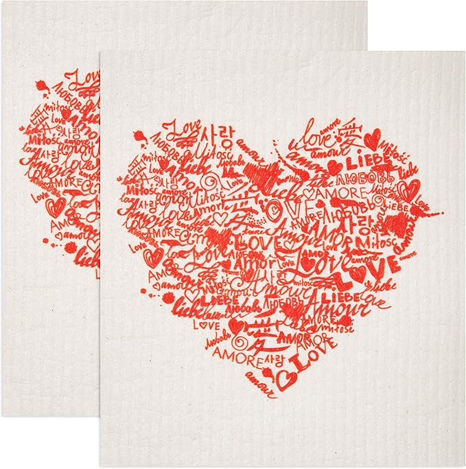 Swedish Dishcloths 2-Pack - Super Absorbent Reusable Cellulose Sponge Cloths, Eco-Friendly Kitchen Cleaning Towels, Machine Washable, Classic Red Heart, 7.87"x6.88"