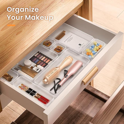 A-LuGei 【Military Grade Drawer Organizer, 【𝟱𝗦𝗶𝘇𝗲】 Makeup organizer, 【Holds 177 Items】 Bathroom Organizers and Storage, Organization and Storage, Desk Drawer Organizer for Vanity (Clear)