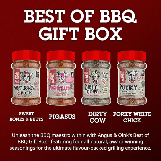 Angus & Oink Gift Set | Best of BBQ Gift Box | BBQ Rubs | 1 x Sweet Bones & Butts 220G | 1 x Dirty Cow Seasoning | 1 x Pigasus | 1 x Porky White Chick 220G
