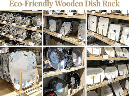 Wooden Dish Rack with 5 Compartments - Drying Drainboard Storage Holder for Plates, Bowls, Cups & Pot Lids, Kitchen Cabinet Organizer (Wood Color)