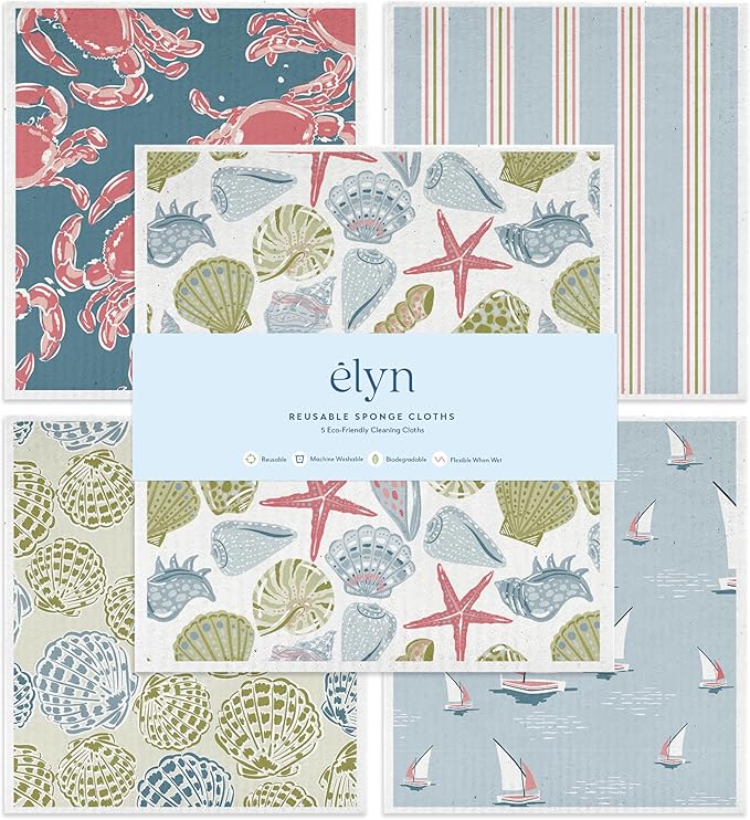 ELYN Swedish Dishcloths, Reusable & Washable Sponge Cloths, Absorbent Cleaning Paper Towels for Kitchen, Dishes, Counters and More, 5 Pack, Classic Coastal