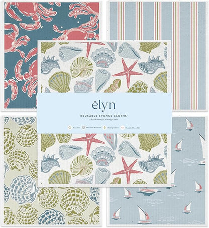 ELYN Swedish Dishcloths, Reusable & Washable Sponge Cloths, Absorbent Cleaning Paper Towels for Kitchen, Dishes, Counters and More, 5 Pack, Classic Coastal
