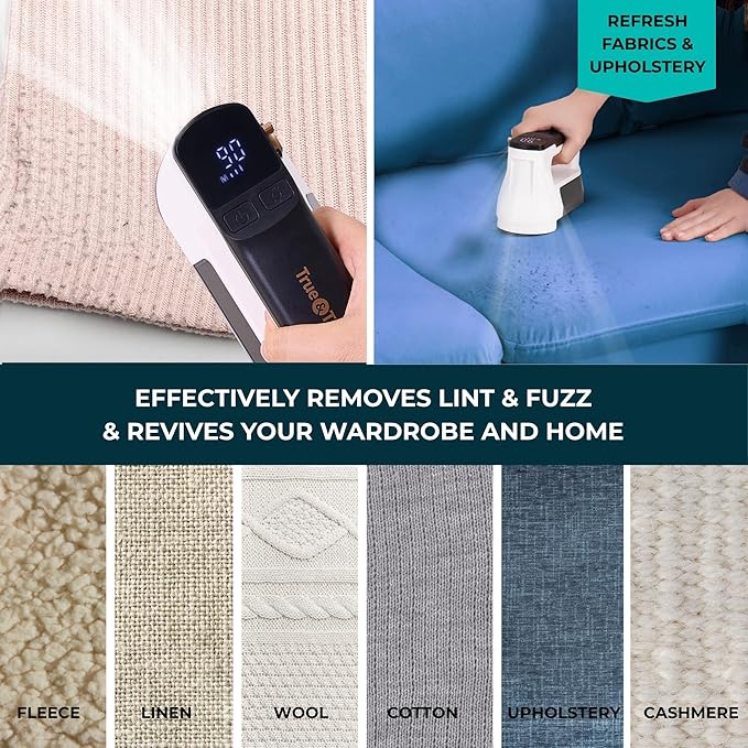 True & Tidy XL Fabric Shaver & Lint Remover, LED Digital Display, 3 Speeds, 6-Blade Stainless Steel w/Extra Blades, Type-C Fast Charging, 2.5-3.5 Hours Runtime, for Clothes, Furniture & Upholstery