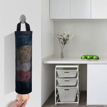 Mesh Garbage Bag Sulimy Plastic Bag Holder Dispensers 2pcs Folding Hanging Storage Trash bags Holders Organizer Recycling Grocery Pocket Containers with 2 Hooks for Home and Kitchen Black