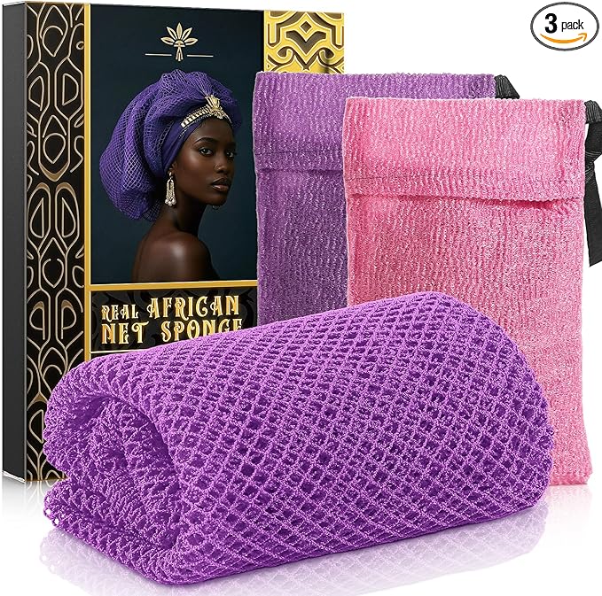 African Net Sponge with 2 Soap Saver Bags - Exfoliating Body Scrubber Set for Shower, Reusable Bar Soap Pouch & Bath Washcloth for Deep Cleaning - Purple & Purple, Pink