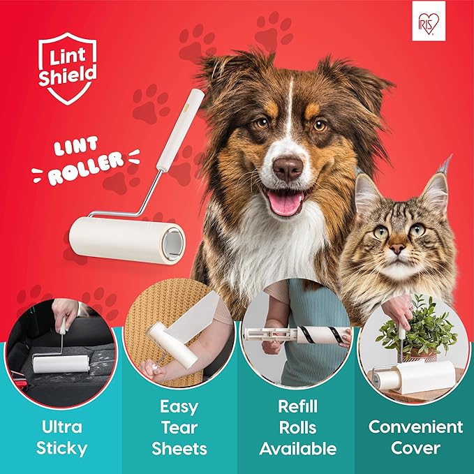 IRIS USA Extra Sticky Lint Roller, Large with Adjustable Extension, Storage Box, Refills, 90 Sheets/Roll, 540 Sheets Total, Easy Tear Lint Remover for Dog Cat Pet Hair On Bed Floor Sofa