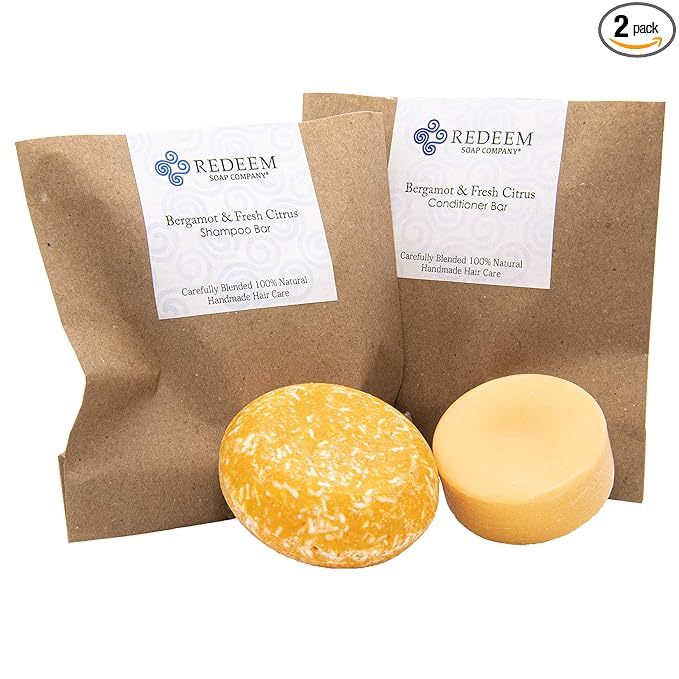 Shampoo & Conditioner Bars, Bergamot & Citrus, 3 oz Shampoo Bar, 1 oz Conditioner Bar, Zero Waste, SLS Free, Paraben Free, Made in USA