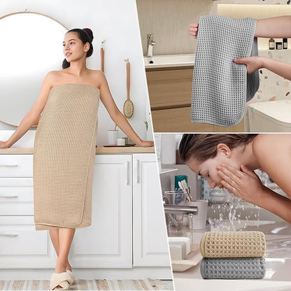 POLYTE 430 GSM Microfiber Quick Dry Lint Free Oversize Bath Towel Set, 6 Piece (Waffle Weave)